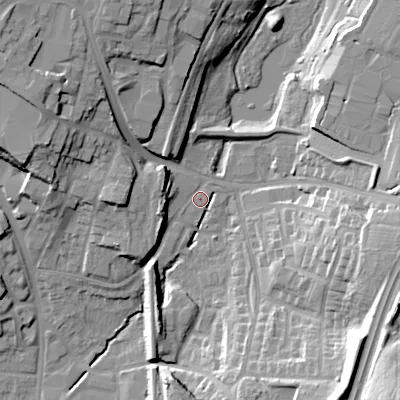 Shaded relief map of the ground around WS110EN, computed from Environment Agency LiDAR. The ground here sits at about 129 m above sea level and falls 32 m across the surrounding 800 m. Surface water reaching this point runs off ground lying to the west, 12.9 m higher.