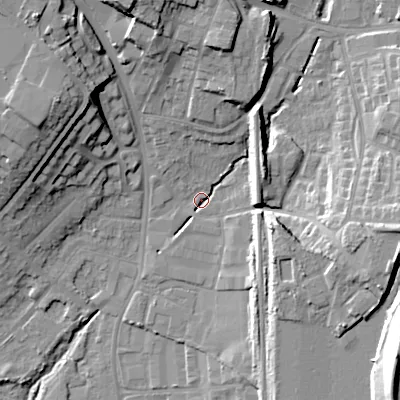 Shaded relief map of the ground around WS110HA, computed from Environment Agency LiDAR. The ground here sits at about 125 m above sea level and falls 29 m across the surrounding 800 m. Surface water reaching this point runs off ground lying to the east, 17.7 m higher.
