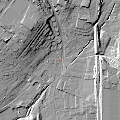 Shaded relief map of the ground around WS110HN, computed from Environment Agency LiDAR. The ground here sits at about 124 m above sea level and falls 25 m across the surrounding 800 m. Surface water reaching this point runs off ground lying to the north-north-west, 18.7 m higher.