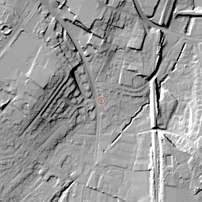 Shaded relief map of the ground around WS110HP, computed from Environment Agency LiDAR. The ground here sits at about 127 m above sea level and falls 25 m across the surrounding 800 m. Surface water reaching this point runs off ground lying to the north-west, 18.7 m higher.
