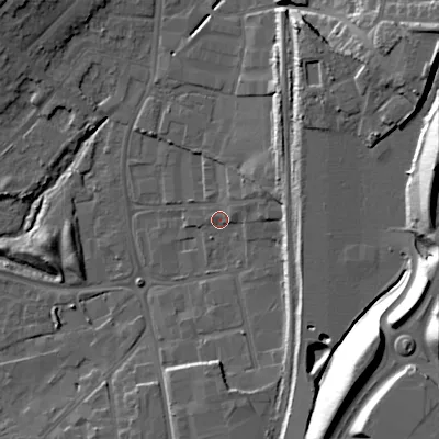 Shaded relief map of the ground around WS110JN, computed from Environment Agency LiDAR. The ground here sits at about 124 m above sea level and falls 33 m across the surrounding 800 m. Surface water reaching this point runs off ground lying to the east-north-east, 2.3 m higher.