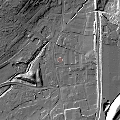 Shaded relief map of the ground around WS110JP, computed from Environment Agency LiDAR. The ground here sits at about 123 m above sea level and falls 29 m across the surrounding 800 m. Surface water reaching this point runs off ground lying to the north-north-east, 1.2 m higher.