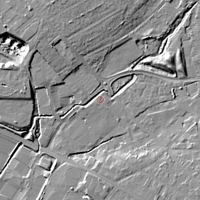 Shaded relief map of the ground around WS110LJ, computed from Environment Agency LiDAR. The ground here sits at about 120 m above sea level and falls 16 m across the surrounding 800 m. Surface water reaching this point runs off ground lying to the north-north-west, 10.0 m higher.