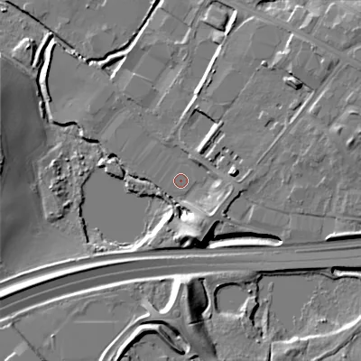Shaded relief map of the ground around WS110XA, computed from Environment Agency LiDAR. The ground here sits at about 115 m above sea level and falls 15 m across the surrounding 800 m. The ground contributing surface water to this point lies to the east.