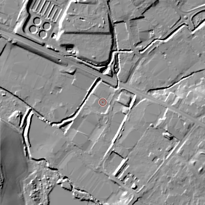 Shaded relief map of the ground around WS110XG, computed from Environment Agency LiDAR. The ground here sits at about 115 m above sea level and falls 13 m across the surrounding 800 m. Surface water reaching this point runs off ground lying to the east, 4.8 m higher.