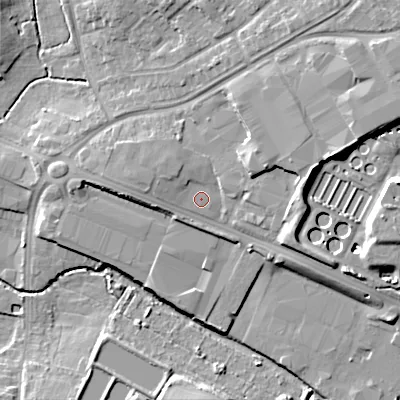 Shaded relief map of the ground around WS111SL, computed from Environment Agency LiDAR. The ground here sits at about 117 m above sea level and falls 16 m across the surrounding 800 m. Surface water reaching this point runs off ground lying to the north-north-west, 1.7 m higher.