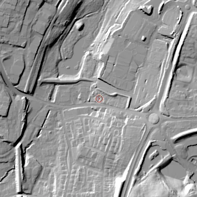 Shaded relief map of the ground around WS118EE, computed from Environment Agency LiDAR. The ground here sits at about 132 m above sea level and falls 36 m across the surrounding 800 m. Surface water reaching this point runs off ground lying to the east-north-east, 6.4 m higher.