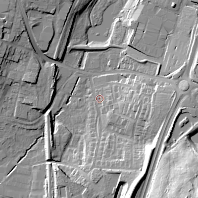 Shaded relief map of the ground around WS118EH, computed from Environment Agency LiDAR. The ground here sits at about 130 m above sea level and falls 46 m across the surrounding 800 m. Surface water reaching this point runs off ground lying to the south-south-east, 20.4 m higher.