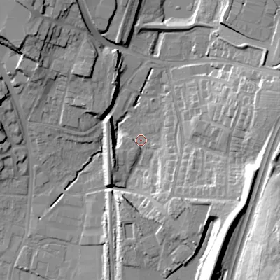 Shaded relief map of the ground around WS118JF, computed from Environment Agency LiDAR. The ground here sits at about 128 m above sea level and falls 37 m across the surrounding 800 m. Surface water reaching this point runs off ground lying to the south-south-west, 3.0 m higher.