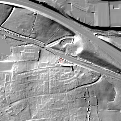 Shaded relief map of the ground around WS118LX, computed from Environment Agency LiDAR. The ground here sits at about 125 m above sea level and falls 17 m across the surrounding 800 m. Surface water reaching this point runs off ground lying to the south-south-east, 10.3 m higher.