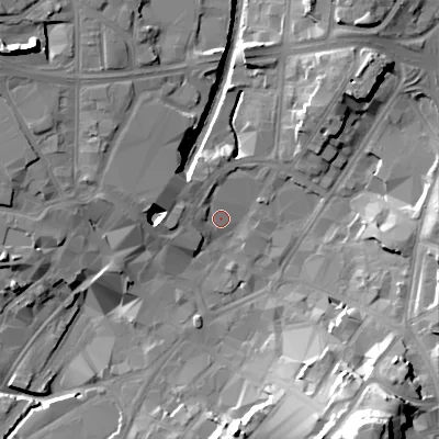 Shaded relief map of the ground around WS11AA, computed from Environment Agency LiDAR. The ground here sits at about 121 m above sea level and falls 35 m across the surrounding 800 m. Surface water reaching this point runs off ground lying to the west-north-west, 5.9 m higher.