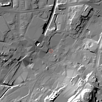 Shaded relief map of the ground around WS11DA, computed from Environment Agency LiDAR. The ground here sits at about 120 m above sea level and falls 38 m across the surrounding 800 m. Surface water reaching this point runs off ground lying to the north-west, 7.0 m higher.