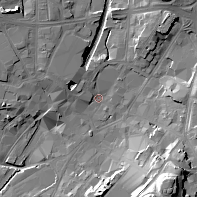 Shaded relief map of the ground around WS11DD, computed from Environment Agency LiDAR. The ground here sits at about 120 m above sea level and falls 38 m across the surrounding 800 m. Surface water reaching this point runs off ground lying to the north-west, 6.9 m higher.