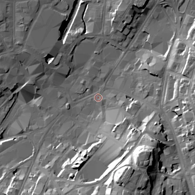 Shaded relief map of the ground around WS11DE, computed from Environment Agency LiDAR. The ground here sits at about 120 m above sea level and falls 38 m across the surrounding 800 m. Surface water reaching this point runs off ground lying to the south-south-east, 33.2 m higher.