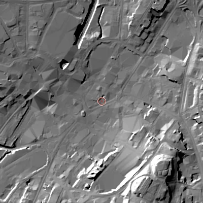 Shaded relief map of the ground around WS11DP, computed from Environment Agency LiDAR. The ground here sits at about 119 m above sea level and falls 39 m across the surrounding 800 m. Surface water reaching this point runs off ground lying to the south-south-east, 35.6 m higher.