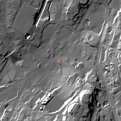 Shaded relief map of the ground around WS11EL, computed from Environment Agency LiDAR. The ground here sits at about 121 m above sea level and falls 37 m across the surrounding 800 m. Surface water reaching this point runs off ground lying to the south-east, 9.2 m higher.