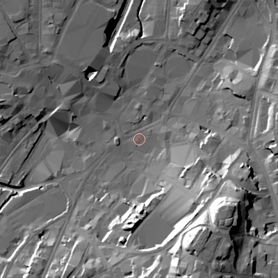 Shaded relief map of the ground around WS11EW, computed from Environment Agency LiDAR. The ground here sits at about 120 m above sea level and falls 39 m across the surrounding 800 m. Surface water reaching this point runs off ground lying to the south-south-east, 35.6 m higher.