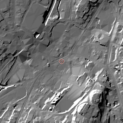 Shaded relief map of the ground around WS11EX, computed from Environment Agency LiDAR. The ground here sits at about 120 m above sea level and falls 39 m across the surrounding 800 m. Surface water reaching this point runs off ground lying to the south-south-east, 35.6 m higher.