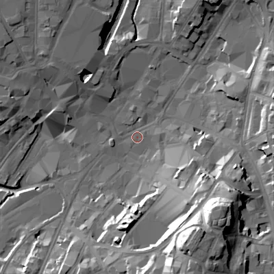 Shaded relief map of the ground around WS11HP, computed from Environment Agency LiDAR. The ground here sits at about 120 m above sea level and falls 39 m across the surrounding 800 m. Surface water reaching this point runs off ground lying to the south-south-east, 35.6 m higher.
