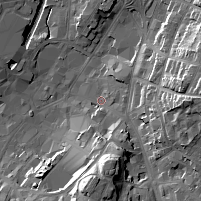 Shaded relief map of the ground around WS11JQ, computed from Environment Agency LiDAR. The ground here sits at about 123 m above sea level and falls 36 m across the surrounding 800 m. Surface water reaching this point runs off ground lying to the south, 30.8 m higher.