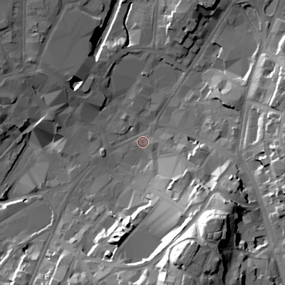 Shaded relief map of the ground around WS11JY, computed from Environment Agency LiDAR. The ground here sits at about 120 m above sea level and falls 38 m across the surrounding 800 m. Surface water reaching this point runs off ground lying to the south-south-east, 33.2 m higher.