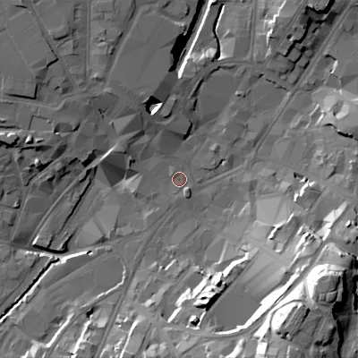 Shaded relief map of the ground around WS11LG, computed from Environment Agency LiDAR. The ground here sits at about 120 m above sea level and falls 39 m across the surrounding 800 m. Surface water reaching this point runs off ground lying to the north-north-west, 1.9 m higher.