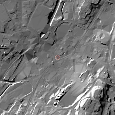 Shaded relief map of the ground around WS11LN, computed from Environment Agency LiDAR. The ground here sits at about 119 m above sea level and falls 39 m across the surrounding 800 m. Surface water reaching this point runs off ground lying to the north-west, 9.5 m higher.