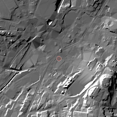Shaded relief map of the ground around WS11LR, computed from Environment Agency LiDAR. The ground here sits at about 119 m above sea level and falls 40 m across the surrounding 800 m. Surface water reaching this point runs off ground lying to the south-east, 35.5 m higher.