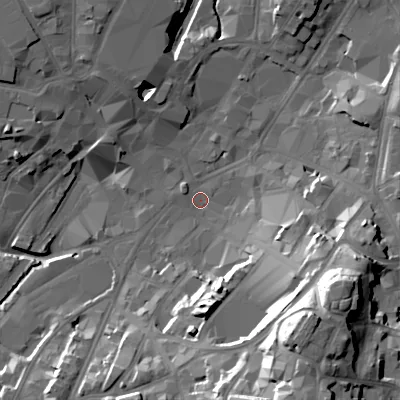 Shaded relief map of the ground around WS11LW, computed from Environment Agency LiDAR. The ground here sits at about 119 m above sea level and falls 39 m across the surrounding 800 m. Surface water reaching this point runs off ground lying to the south-east, 35.5 m higher.