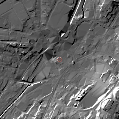Shaded relief map of the ground around WS11LY, computed from Environment Agency LiDAR. The ground here sits at about 119 m above sea level and falls 39 m across the surrounding 800 m. Surface water reaching this point runs off ground lying to the north-north-west, 7.6 m higher.