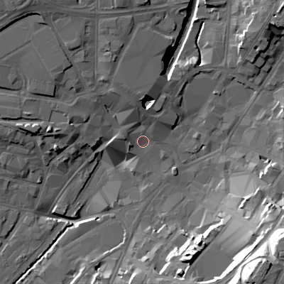 Shaded relief map of the ground around WS11NG, computed from Environment Agency LiDAR. The ground here sits at about 120 m above sea level and falls 39 m across the surrounding 800 m. Surface water reaching this point runs off ground lying to the north-north-west, 7.3 m higher.