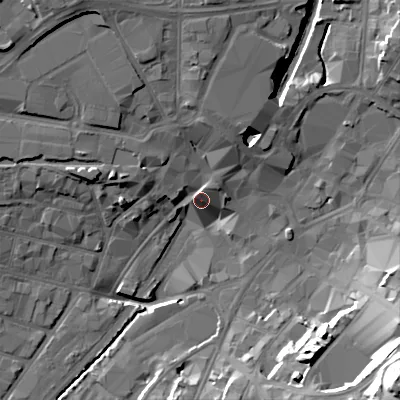 Shaded relief map of the ground around WS11NH, computed from Environment Agency LiDAR. The ground here sits at about 121 m above sea level and falls 38 m across the surrounding 800 m. Surface water reaching this point runs off ground lying to the north-west, 11.4 m higher.