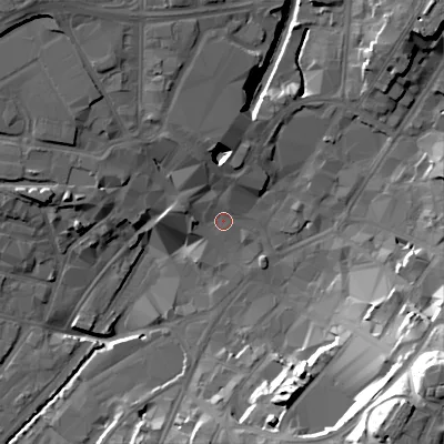 Shaded relief map of the ground around WS11NJ, computed from Environment Agency LiDAR. The ground here sits at about 120 m above sea level and falls 39 m across the surrounding 800 m. Surface water reaching this point runs off ground lying to the north-north-west, 7.3 m higher.
