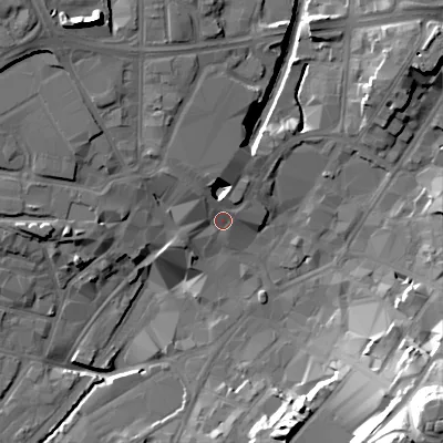 Shaded relief map of the ground around WS11NR, computed from Environment Agency LiDAR. The ground here sits at about 122 m above sea level and falls 38 m across the surrounding 800 m. Surface water reaching this point runs off ground lying to the north-north-west, 5.8 m higher.