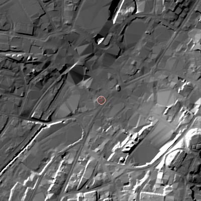 Shaded relief map of the ground around WS11NU, computed from Environment Agency LiDAR. The ground here sits at about 119 m above sea level and falls 40 m across the surrounding 800 m. Surface water reaching this point runs off ground lying to the south-east, 36.9 m higher.