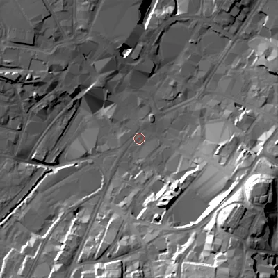 Shaded relief map of the ground around WS11NX, computed from Environment Agency LiDAR. The ground here sits at about 119 m above sea level and falls 40 m across the surrounding 800 m. Surface water reaching this point runs off ground lying to the south-south-east, 36.9 m higher.