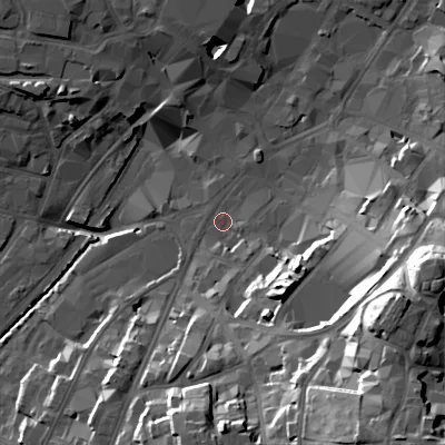 Shaded relief map of the ground around WS11PB, computed from Environment Agency LiDAR. The ground here sits at about 120 m above sea level and falls 42 m across the surrounding 800 m. Surface water reaching this point runs off ground lying to the south-east, 34.8 m higher.