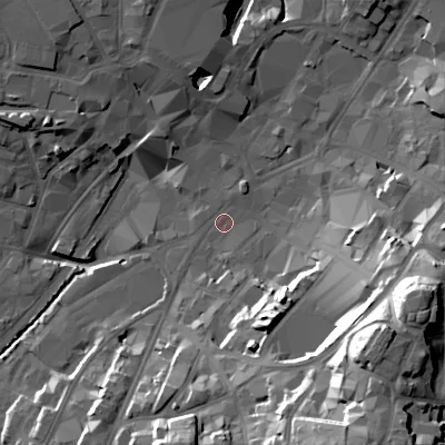 Shaded relief map of the ground around WS11PQ, computed from Environment Agency LiDAR. The ground here sits at about 119 m above sea level and falls 40 m across the surrounding 800 m. Surface water reaching this point runs off ground lying to the south-east, 36.9 m higher.