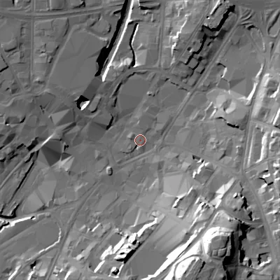 Shaded relief map of the ground around WS11PT, computed from Environment Agency LiDAR. The ground here sits at about 120 m above sea level and falls 39 m across the surrounding 800 m. Surface water reaching this point runs off ground lying to the north-north-east, 10.8 m higher.