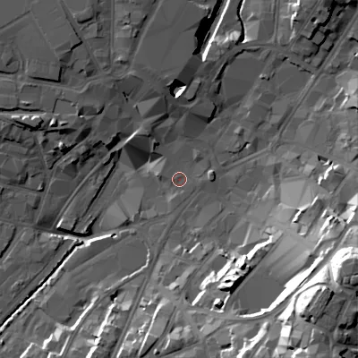 Shaded relief map of the ground around WS11QS, computed from Environment Agency LiDAR. The ground here sits at about 119 m above sea level and falls 39 m across the surrounding 800 m. Surface water reaching this point runs off ground lying to the south-east, 35.5 m higher.