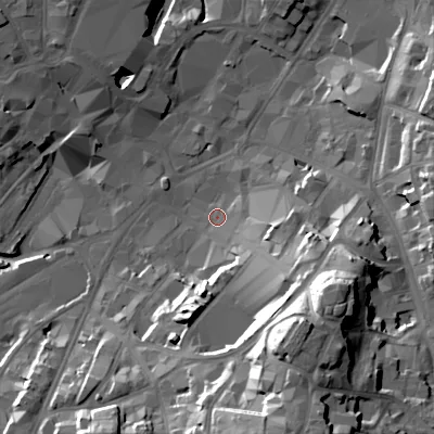 Shaded relief map of the ground around WS11QZ, computed from Environment Agency LiDAR. The ground here sits at about 120 m above sea level and falls 40 m across the surrounding 800 m. Surface water reaching this point runs off ground lying to the south-east, 32.3 m higher.