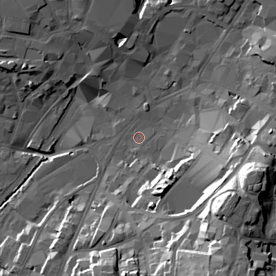 Shaded relief map of the ground around WS11RE, computed from Environment Agency LiDAR. The ground here sits at about 120 m above sea level and falls 41 m across the surrounding 800 m. Surface water reaching this point runs off ground lying to the south, 1.3 m higher.