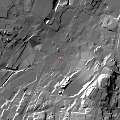 Shaded relief map of the ground around WS11RY, computed from Environment Agency LiDAR. The ground here sits at about 120 m above sea level and falls 40 m across the surrounding 800 m. Surface water reaching this point runs off ground lying to the south-east, 35.5 m higher.