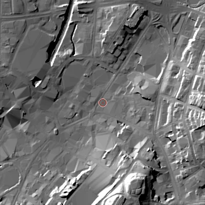 Shaded relief map of the ground around WS11SE, computed from Environment Agency LiDAR. The ground here sits at about 120 m above sea level and falls 36 m across the surrounding 800 m. Surface water reaching this point runs off ground lying to the south, 32.5 m higher.
