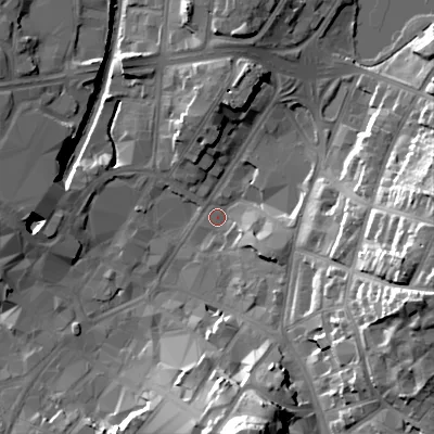 Shaded relief map of the ground around WS11SL, computed from Environment Agency LiDAR. The ground here sits at about 121 m above sea level and falls 35 m across the surrounding 800 m. Surface water reaching this point runs off ground lying to the east-south-east, 26.6 m higher.