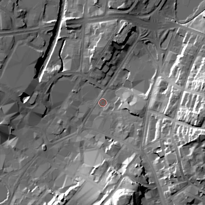 Shaded relief map of the ground around WS11SP, computed from Environment Agency LiDAR. The ground here sits at about 121 m above sea level and falls 36 m across the surrounding 800 m. Surface water reaching this point runs off ground lying to the east-south-east, 31.0 m higher.