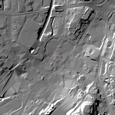 Shaded relief map of the ground around WS11SX, computed from Environment Agency LiDAR. The ground here sits at about 121 m above sea level and falls 38 m across the surrounding 800 m. Surface water reaching this point runs off ground lying to the north-north-east, 10.7 m higher.
