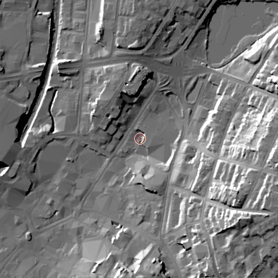 Shaded relief map of the ground around WS11SY, computed from Environment Agency LiDAR. The ground here sits at about 121 m above sea level and falls 35 m across the surrounding 800 m. Surface water reaching this point runs off ground lying to the east-south-east, 1.9 m higher.