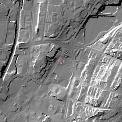 Shaded relief map of the ground around WS11SZ, computed from Environment Agency LiDAR. The ground here sits at about 123 m above sea level and falls 34 m across the surrounding 800 m. Surface water reaching this point runs off ground lying to the south-east, 29.7 m higher.