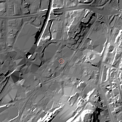 Shaded relief map of the ground around WS11UZ, computed from Environment Agency LiDAR. The ground here sits at about 120 m above sea level and falls 34 m across the surrounding 800 m. Surface water reaching this point runs off ground lying to the north-north-east, 10.7 m higher.